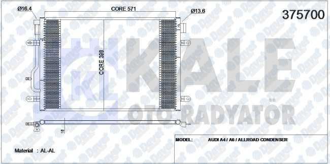 KALE 375700 Klima Radyatoru Audi A4 A6 1.8t 1.9tdi-2.5tdi 01>06 (605x401x16) (Al-Al) (Kurutucu Ile)  ####